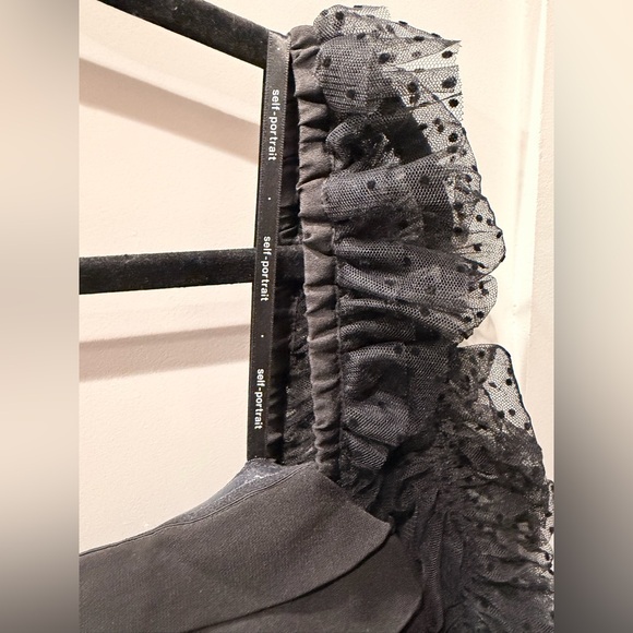 self-portrait Crepe Dot Mesh Sleeved Midi Dress Black Ruffle Polka Dot XL - Picture 5 of 12